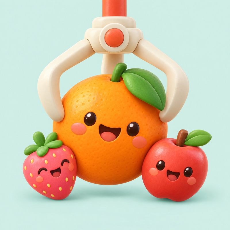 夾爪抓住笑臉水果的遊戲插畫